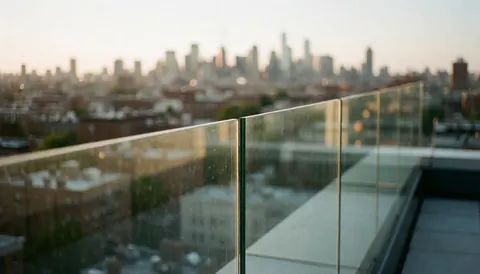 A glass railing overlooking a city skyline during sunset with blurred buildings and warm light