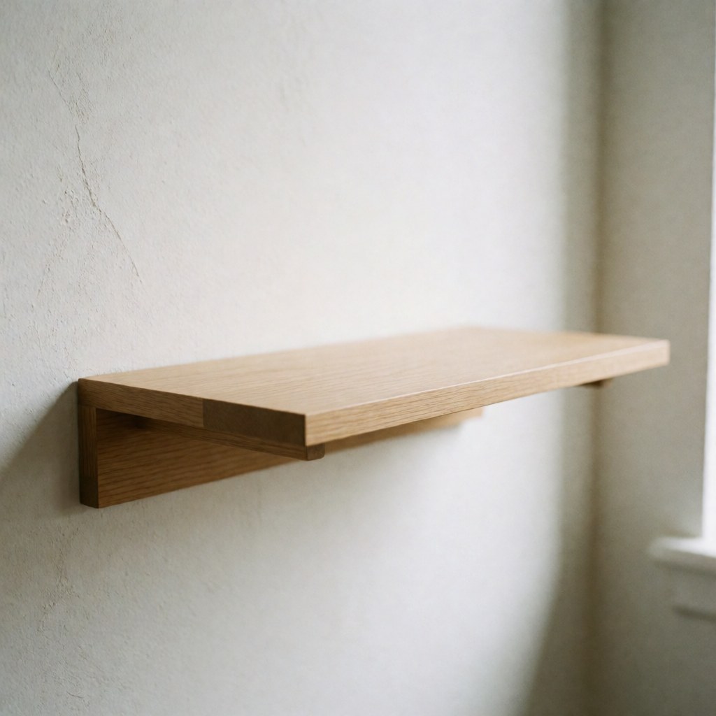 A clean minimalist floating wooden shelf mounted on a white wall, providing simple storage for a modern home or office space.