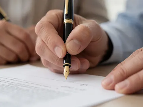 A detailed close-up view of a hand holding a pen and signing a paper document, symbolizing agreement and human resources processes