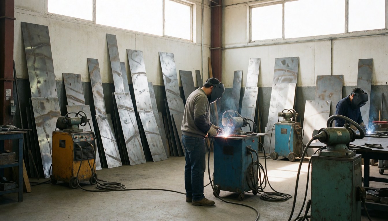 A view of an industrial metal fabrication workshop featuring welding tools, metal sheets, and machinery in a professional manufacturing environment