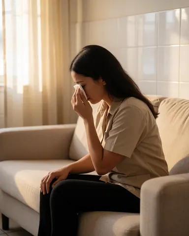 An adult woman sits on a beige sofa in a home interior, holding a tissue while crying, expressing emotional vulnerability during a therapy session.