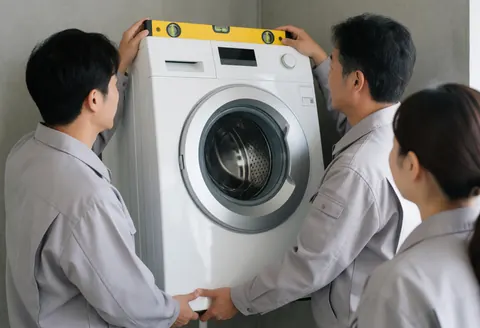 Technicians working together to install a washing machine using a level tool on a concrete surface for professional service
