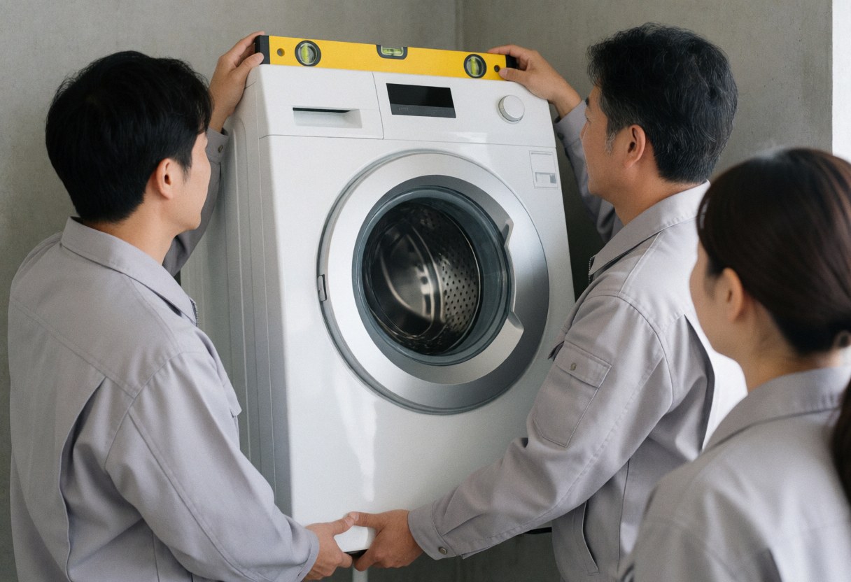 Technicians working together to install a washing machine using a level tool on a concrete surface for professional service