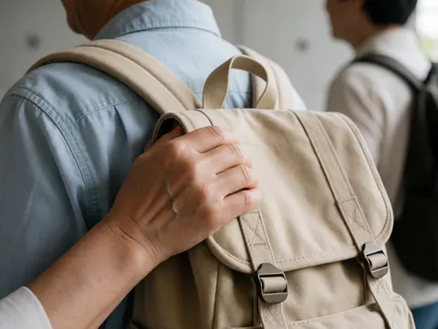 Detailed view of a durable beige canvas backpack strap featuring a metal buckle and stitching, suitable for university students.
