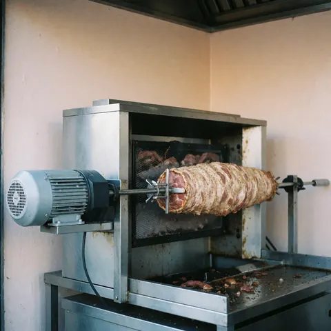 Close-up of an industrial rotisserie machine with metal skewers and a motor, designed for professional commercial kitchen cooking applications
