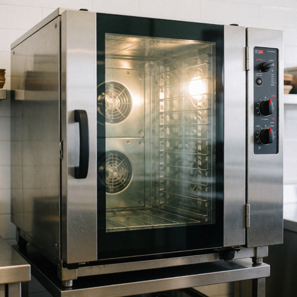 Professional industrial convection oven with visible racks and fans in a white-walled commercial kitchen with metallic surfaces, illuminated from within for high-volume food production