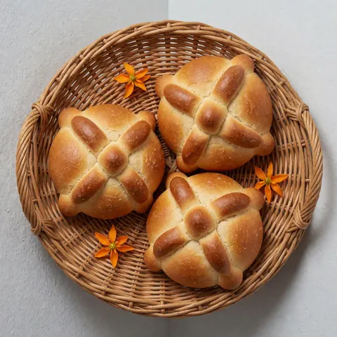 A woven basket filled with traditional pan de muerto bread decorated with orange flowers, showcasing the golden crust and cross-shaped design perfect for entrepreneurs seeking cultural food imagery.