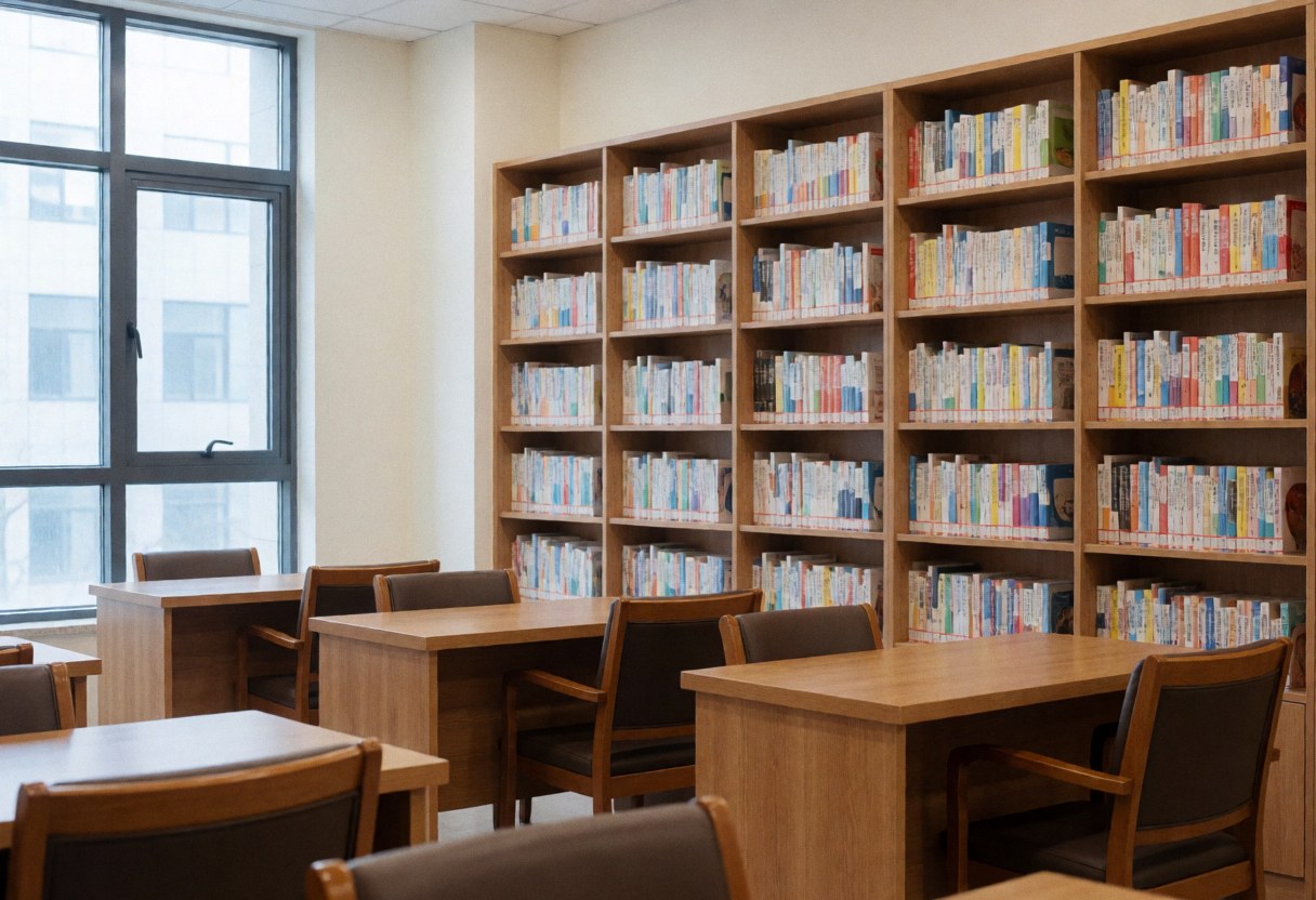 Spacious language school library featuring wooden bookshelves filled with books, study tables, chairs, and natural light creating a calm atmosphere.