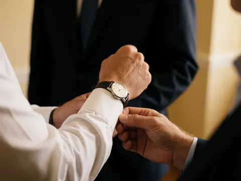 Close-up of an executive's hand adjusting a cufflink on a white dress shirt sleeve, wearing a navy blazer and analog watch against a beige wall.