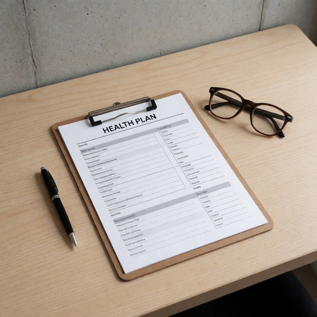 Health insurance application form in a portfolio on a wooden desk, accompanied by eyeglasses and a pen, suitable for business administration.