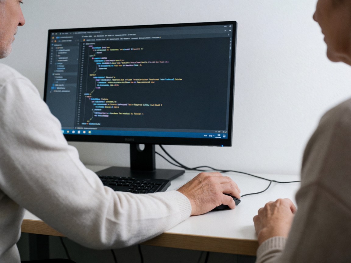 Two individuals collaborating on a computer with visible programming code on the screen in a technical study environment.
