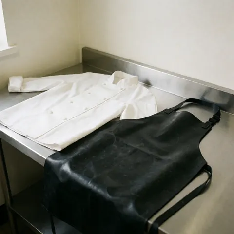 White chef shirt and black rubber apron on stainless steel table in professional kitchen with white walls and clinical lighting