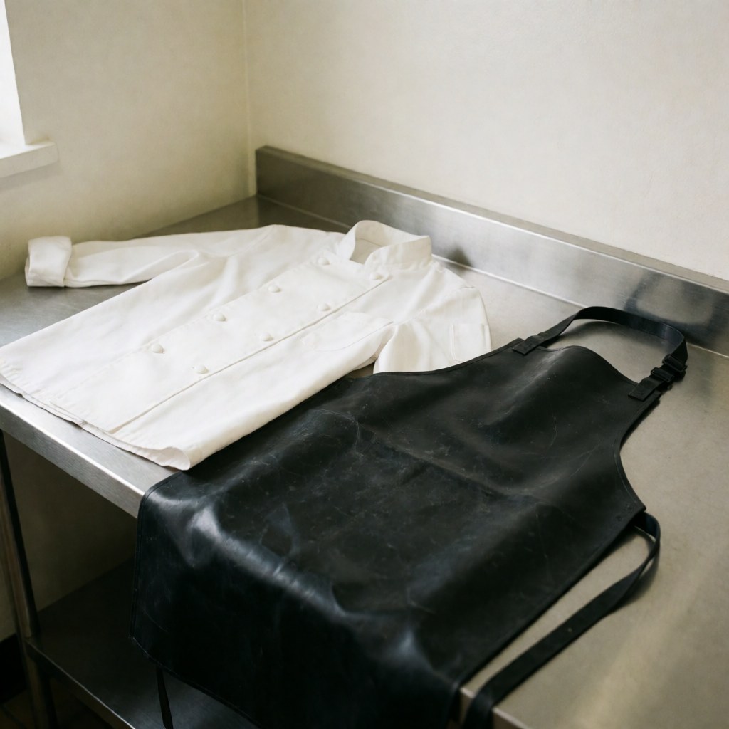 White chef shirt and black rubber apron on stainless steel table in professional kitchen with white walls and clinical lighting