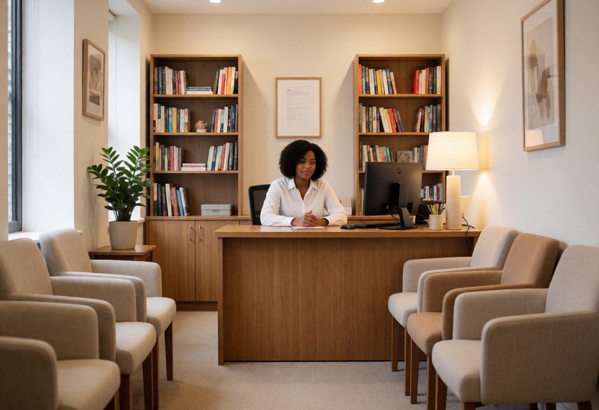 A warm and inviting office reception space featuring wooden shelving units, books, and comfortable seating under soft lighting