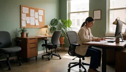 Woman working at a modern office desk with green walls, plants, computer, and blueprint board. Natural light creates a professional and creative atmosphere.
