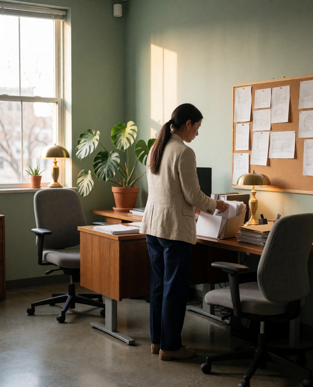 Woman organizing documents on a desk with green walls, a monstera plant, and natural light from a window in a professional workspace.