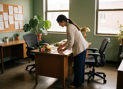 A woman arranges flower samples on a wooden desk in an office with green walls, a monstera plant, and a bronze lamp, suitable for wedding and event planning.