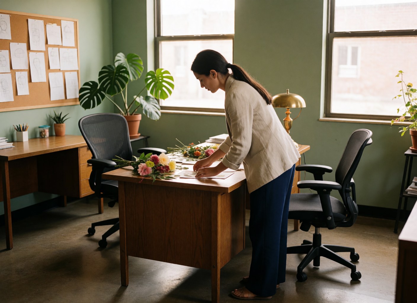 A woman arranges flower samples on a wooden desk in an office with green walls, a monstera plant, and a bronze lamp, suitable for wedding and event planning.