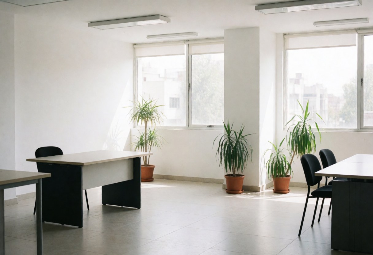 A bright and empty modern office space featuring white walls, large windows, natural light, a desk, chairs, and potted plants on the floor.