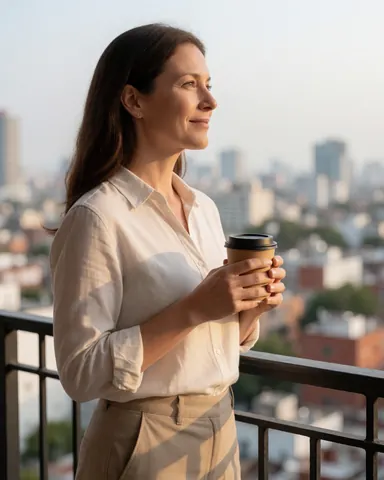 A professional woman stands on a balcony overlooking the city skyline, holding a coffee cup and enjoying the view.