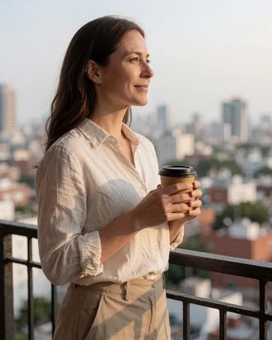 A professional woman stands on a balcony overlooking the city skyline, holding a coffee cup and enjoying the view.