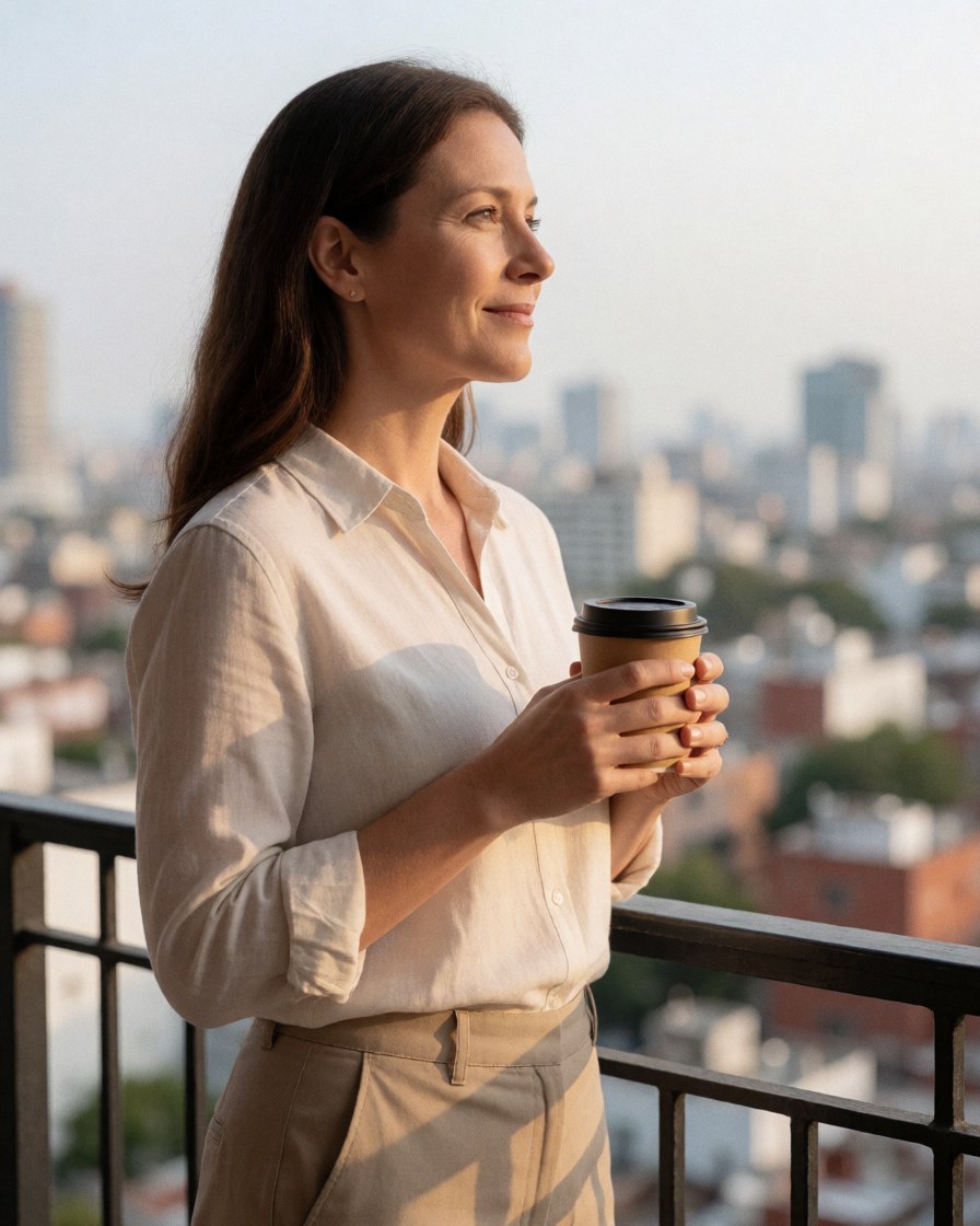 A professional woman stands on a balcony overlooking the city skyline, holding a coffee cup and enjoying the view.