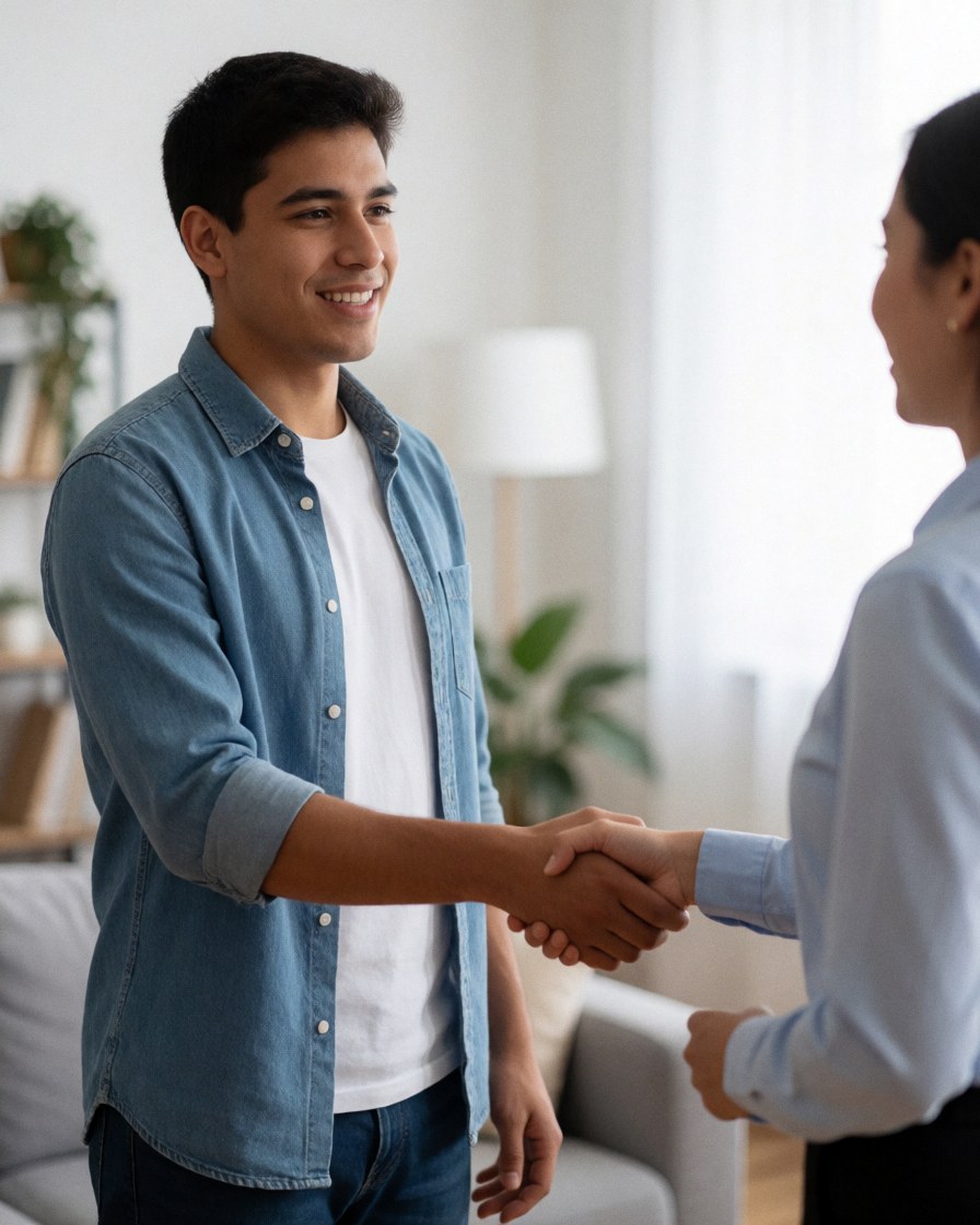 A satisfied male client shakes hands with a real estate agent in a modern living room, symbolizing a successful home transaction.