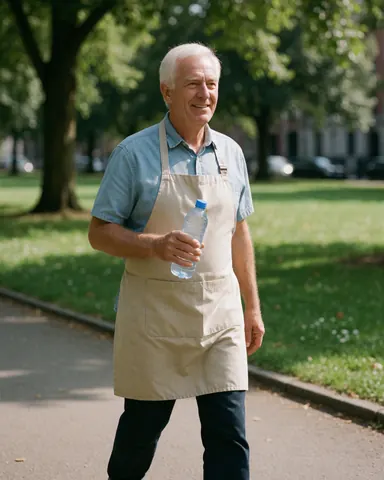 Smiling older man walking in a park holding a water bottle, wearing an apron and shirt in a natural healthy setting.