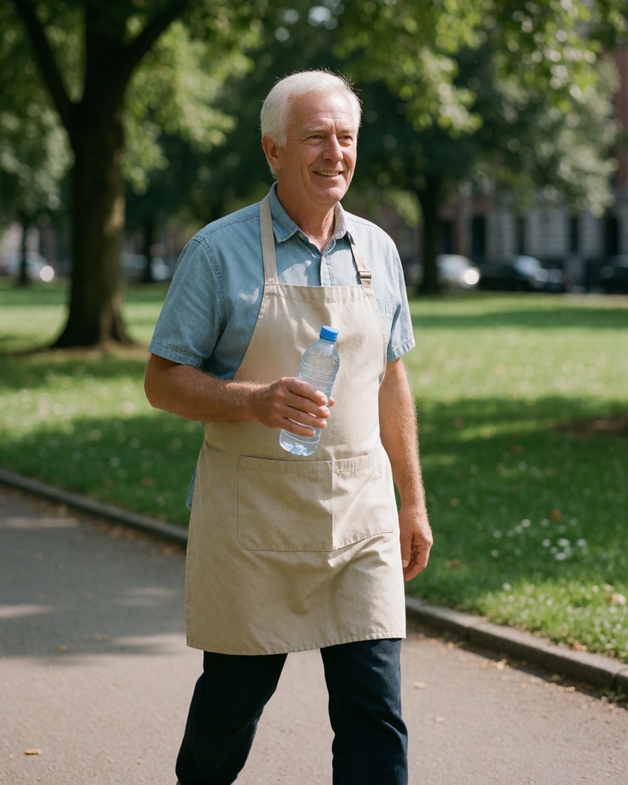 Smiling older man walking in a park holding a water bottle, wearing an apron and shirt in a natural healthy setting.