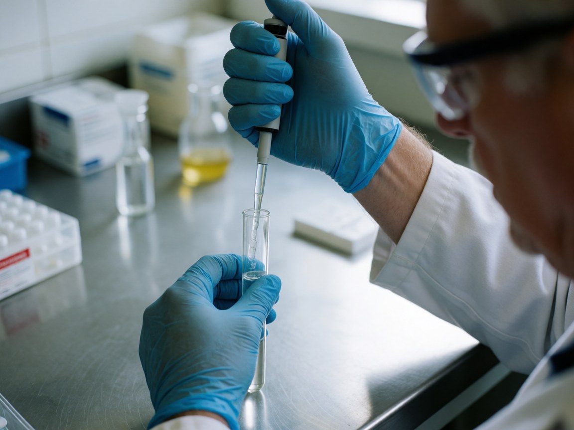 Close-up of gloved hands holding a pipette and test tubes during a clinical laboratory procedure