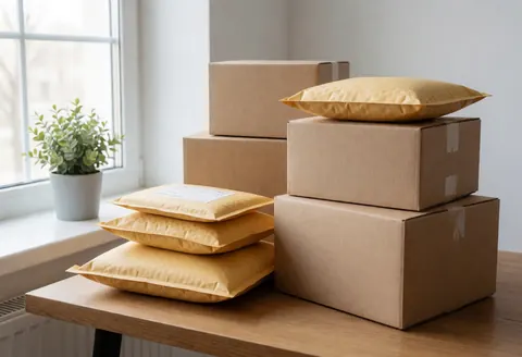 Stacks of cardboard boxes and packages prepared for dispatch in a bright office space with natural light and a plant