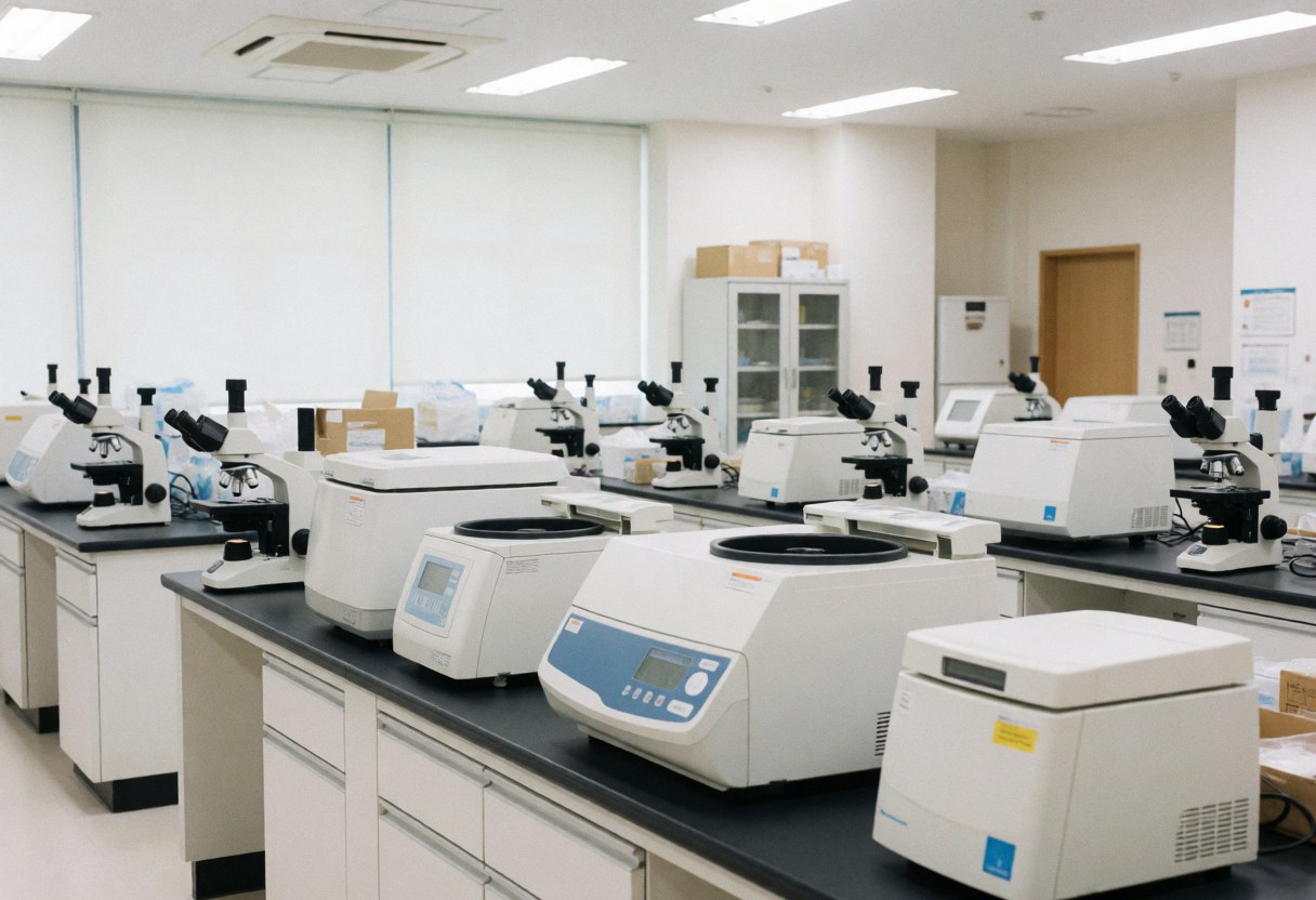 Empty modern clinical laboratory featuring microscopes and centrifuges on black counters under bright lighting, creating a clean and professional medical environment.