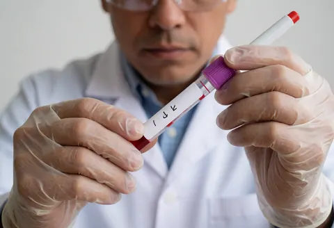 A clinical laboratory professional wearing gloves and safety glasses carefully labels a test tube containing a red blood sample in a clean workspace
