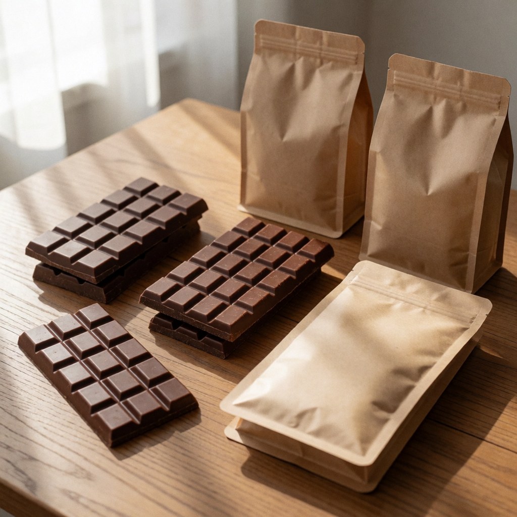 Bar chocolate and coffee in kraft paper bags on a light wooden table with soft natural light and warm shadows