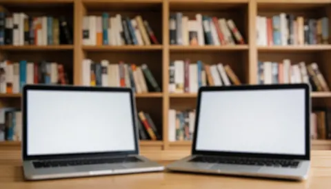 A clean digital library background featuring wooden shelves filled with books and a laptop on a desk, ideal for online course text overlays