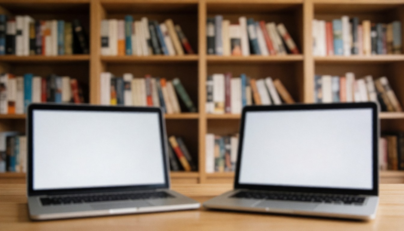 A clean digital library background featuring wooden shelves filled with books and a laptop on a desk, ideal for online course text overlays
