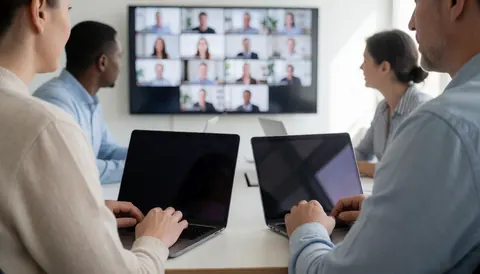 Four professionals sit at a table with laptops, viewing a large screen during a video conference in a bright, collaborative office setting.