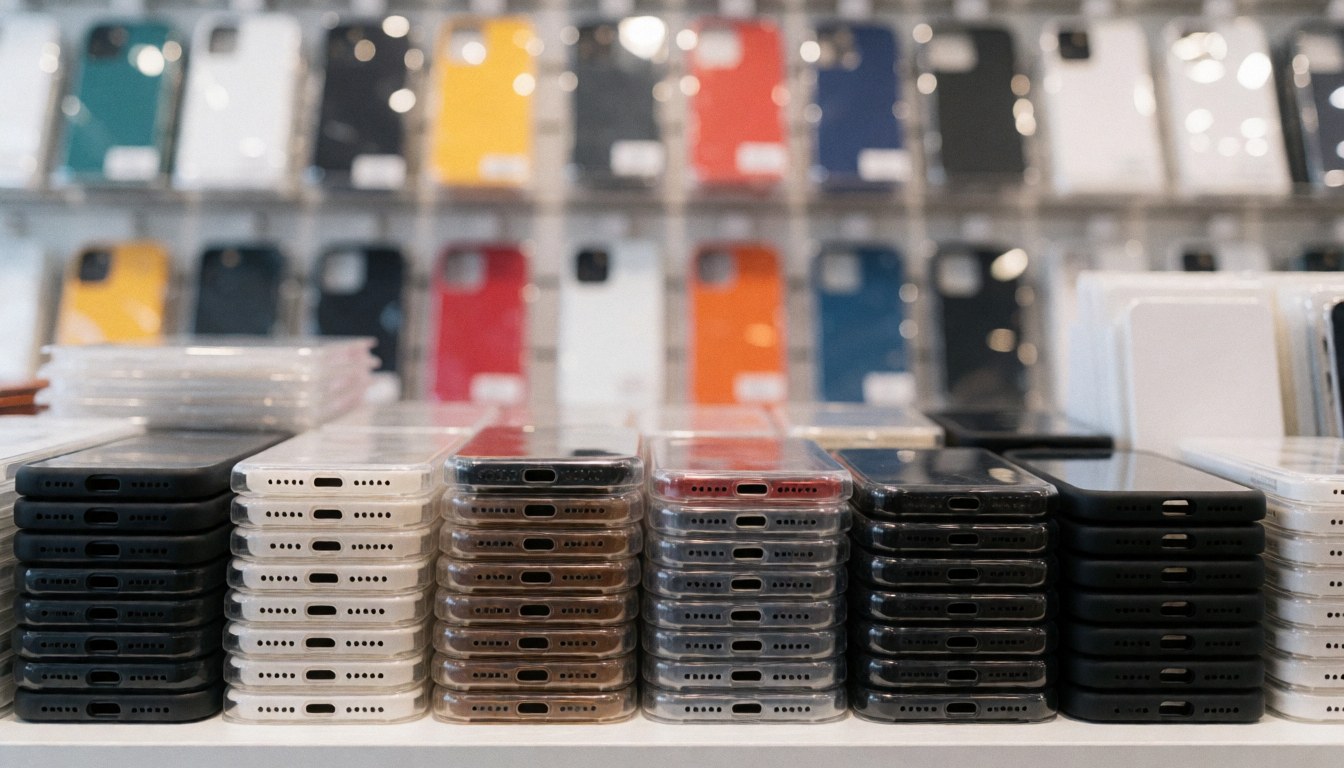 Vibrant smartphone cases and screen protectors arranged on a retail store shelf, providing a colorful background for commercial text and promotions.