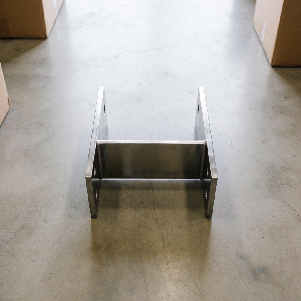 A precise polished metal bracket resting on a concrete factory floor under soft industrial lighting
