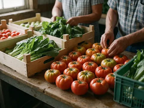 Close-up view of fresh organic vegetables and fruits arranged in wooden crates on a rustic table, highlighting vibrant colors and natural textures for agriculture and farming contexts.