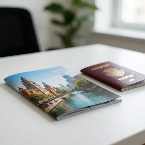 A passport and travel brochure resting on a clean desk surface, ready for trip planning.