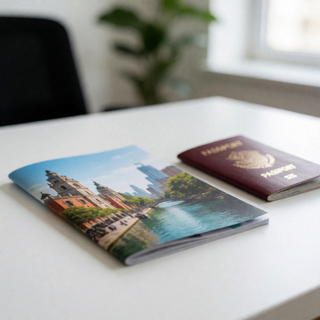 A passport and travel brochure resting on a clean desk surface, ready for trip planning.