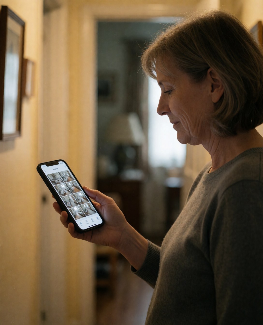 Relaxed woman reviewing security app on her smartphone at home with warm lighting and a hallway in the background