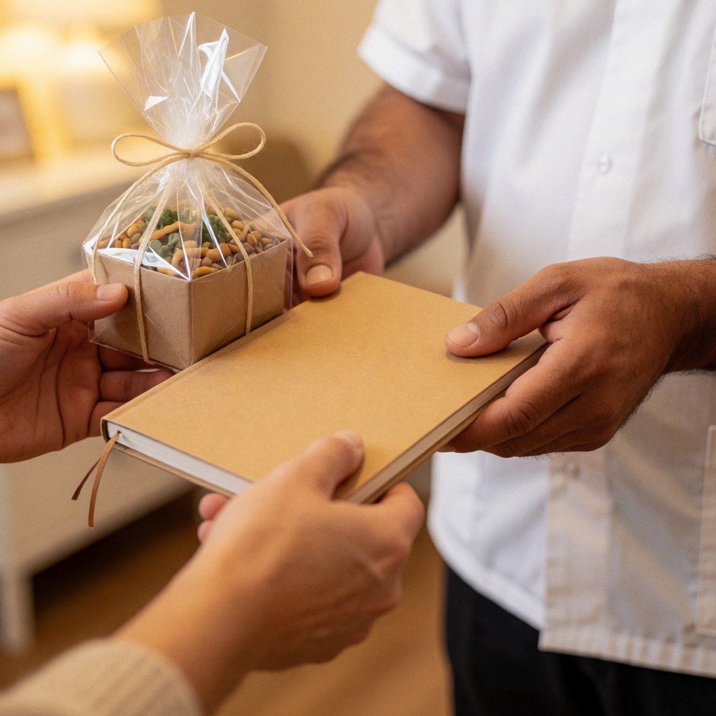 A close-up view of a professional hand delivering a nutrition plan notebook and a gift box, symbolizing personalized health care and wellness services for clients.