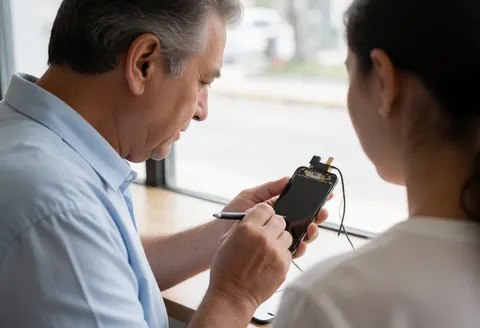Technician repairing a smartphone screen in a store with a customer watching, natural light, visible tools, realistic scene for tech business