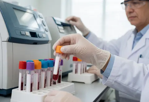 Gloved hand holding a blood sample tube from a rack with clinical analyzers in the background of a clean laboratory.