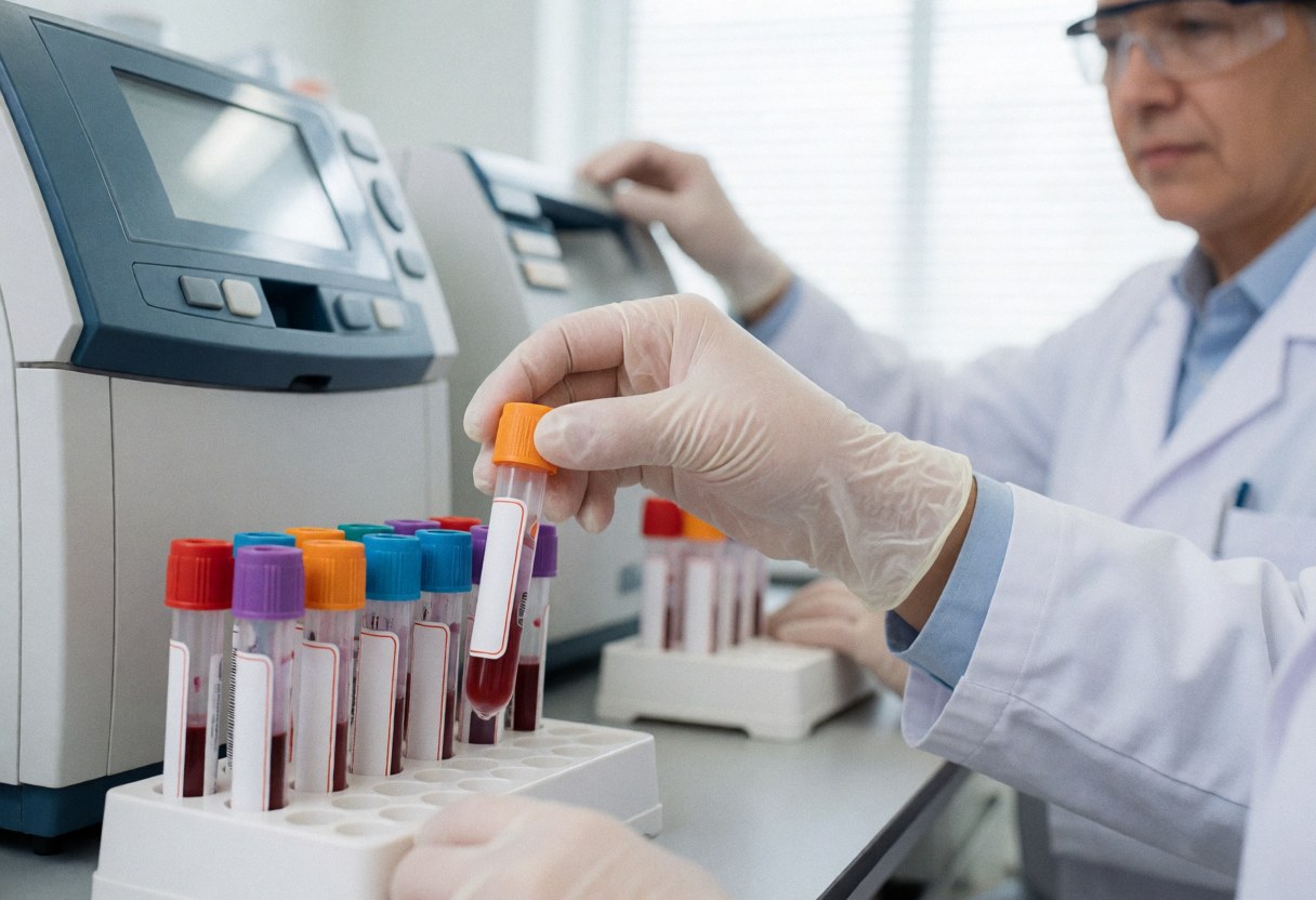 Gloved hand holding a blood sample tube from a rack with clinical analyzers in the background of a clean laboratory.