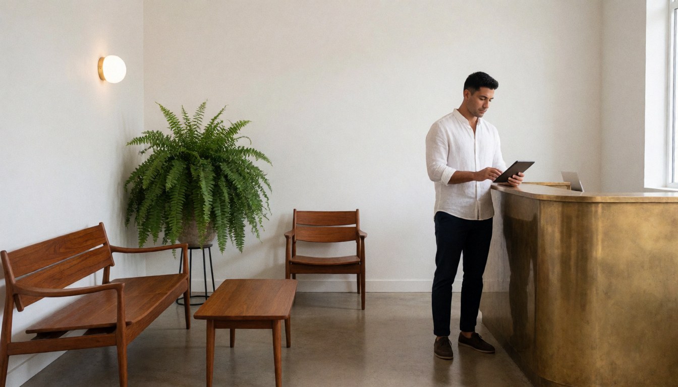 Spacious hotel lobby featuring modern wooden furniture, a bronze reception desk, a green plant, and a man using a tablet in a bright, clean environment.