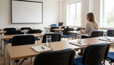 Empty training room with tables, chairs, notebooks, and water. One person taking notes. Natural light from windows. Ideal for presentations and training.