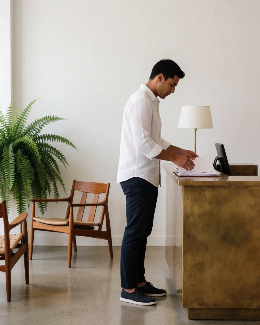 Receptionist arranging papers on a bronze desk with wooden chairs and a fern plant in the background of a clean modern hotel lobby